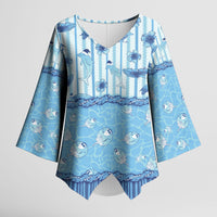 Hawaii Christmas In July Kimono Sleeve Blouse Sky Blue Mele Kalikimaka Sea Animals