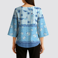 Hawaii Christmas In July Kimono Sleeve Blouse Sky Blue Mele Kalikimaka Sea Animals