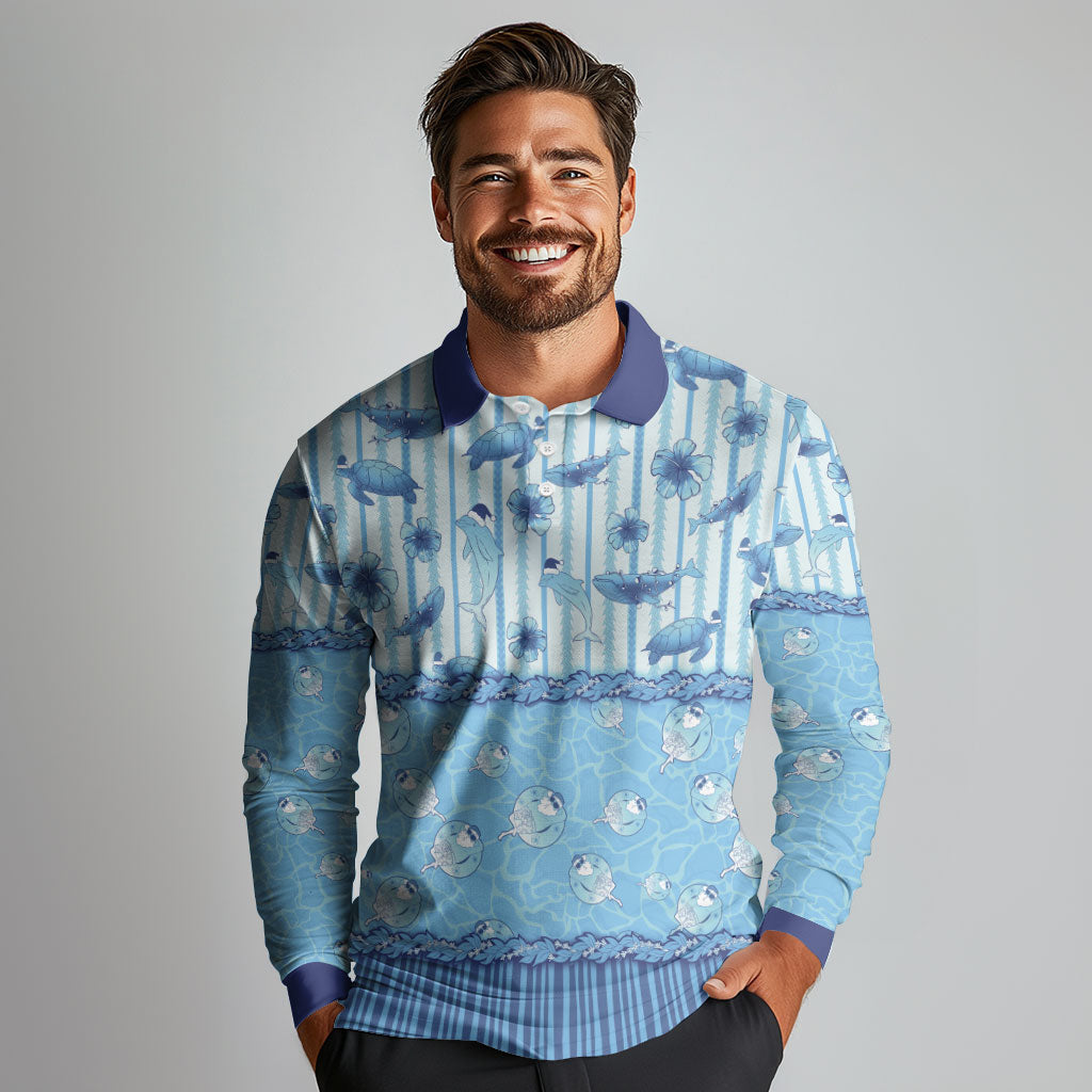 Hawaii Christmas In July Long Sleeve Polo Shirt Sky Blue Mele Kalikimaka Sea Animals