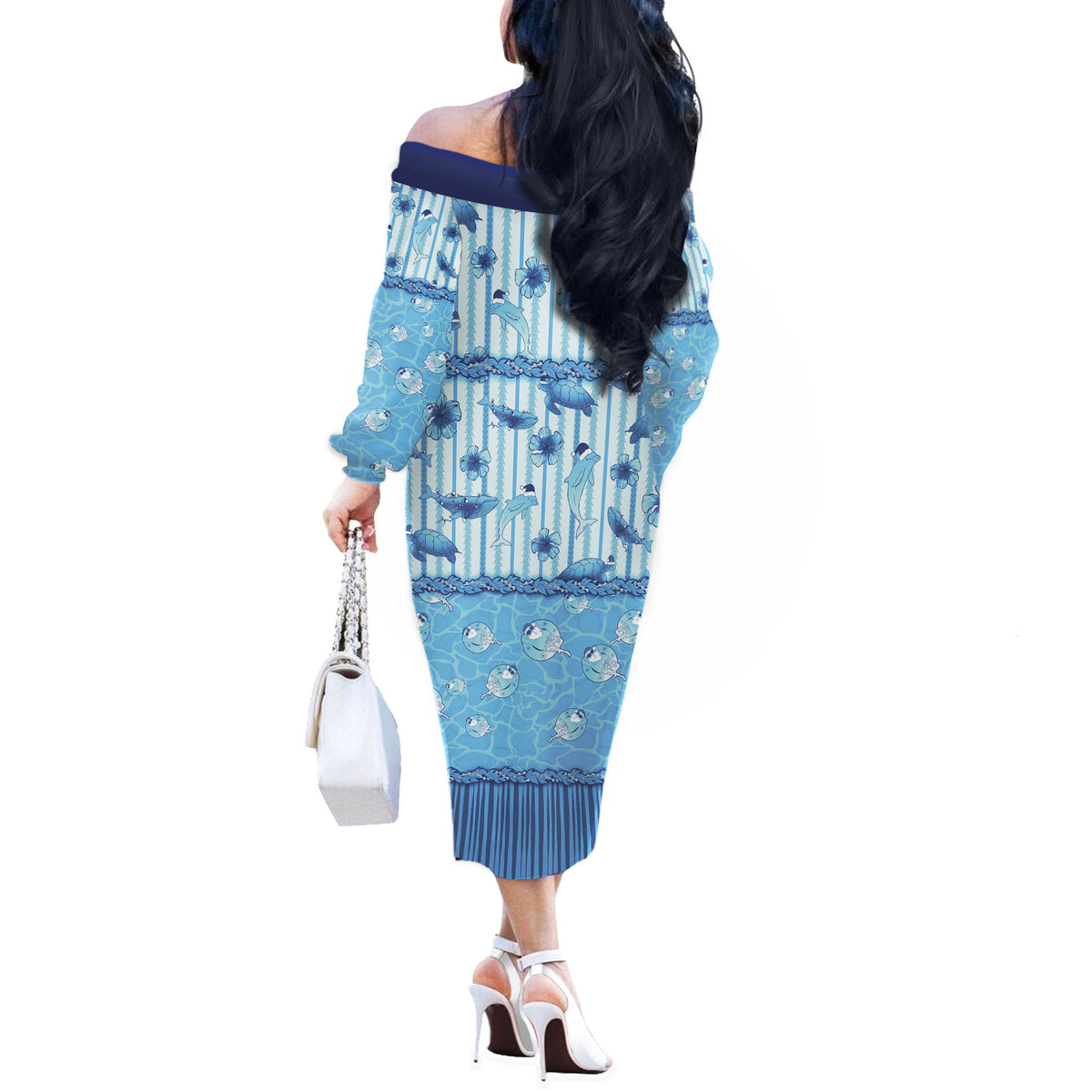 Hawaii Christmas In July Off The Shoulder Long Sleeve Dress Sky Blue Mele Kalikimaka Sea Animals