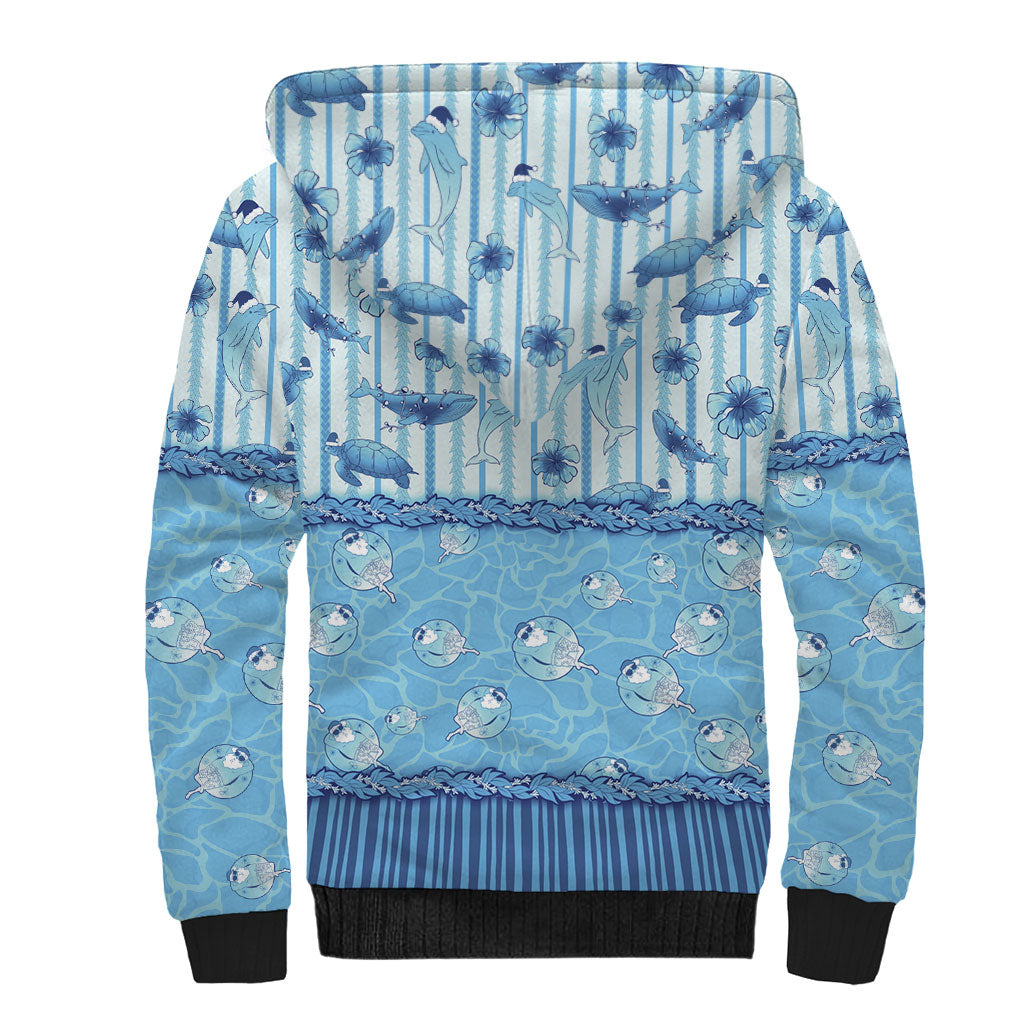 Hawaii Christmas In July Sherpa Hoodie Sky Blue Mele Kalikimaka Sea Animals