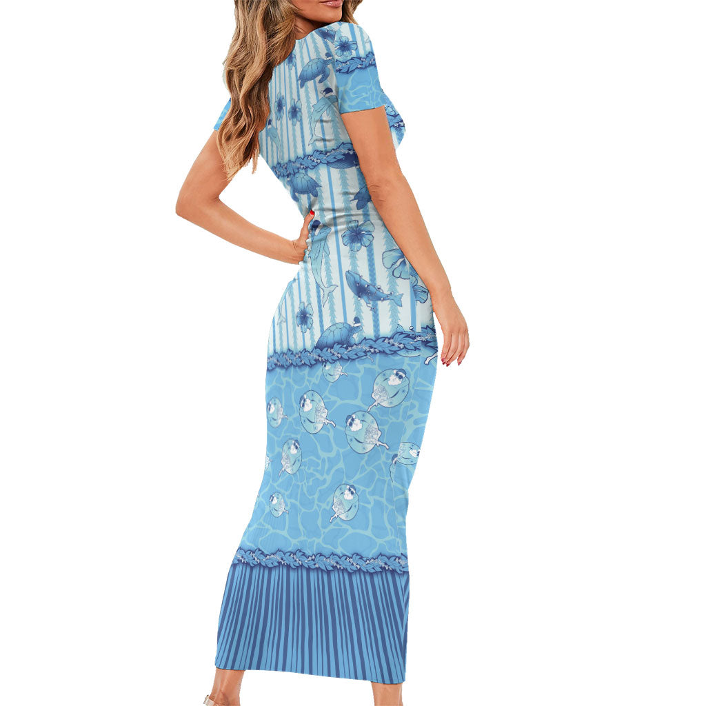 Hawaii Christmas In July Short Sleeve Bodycon Dress Sky Blue Mele Kalikimaka Sea Animals