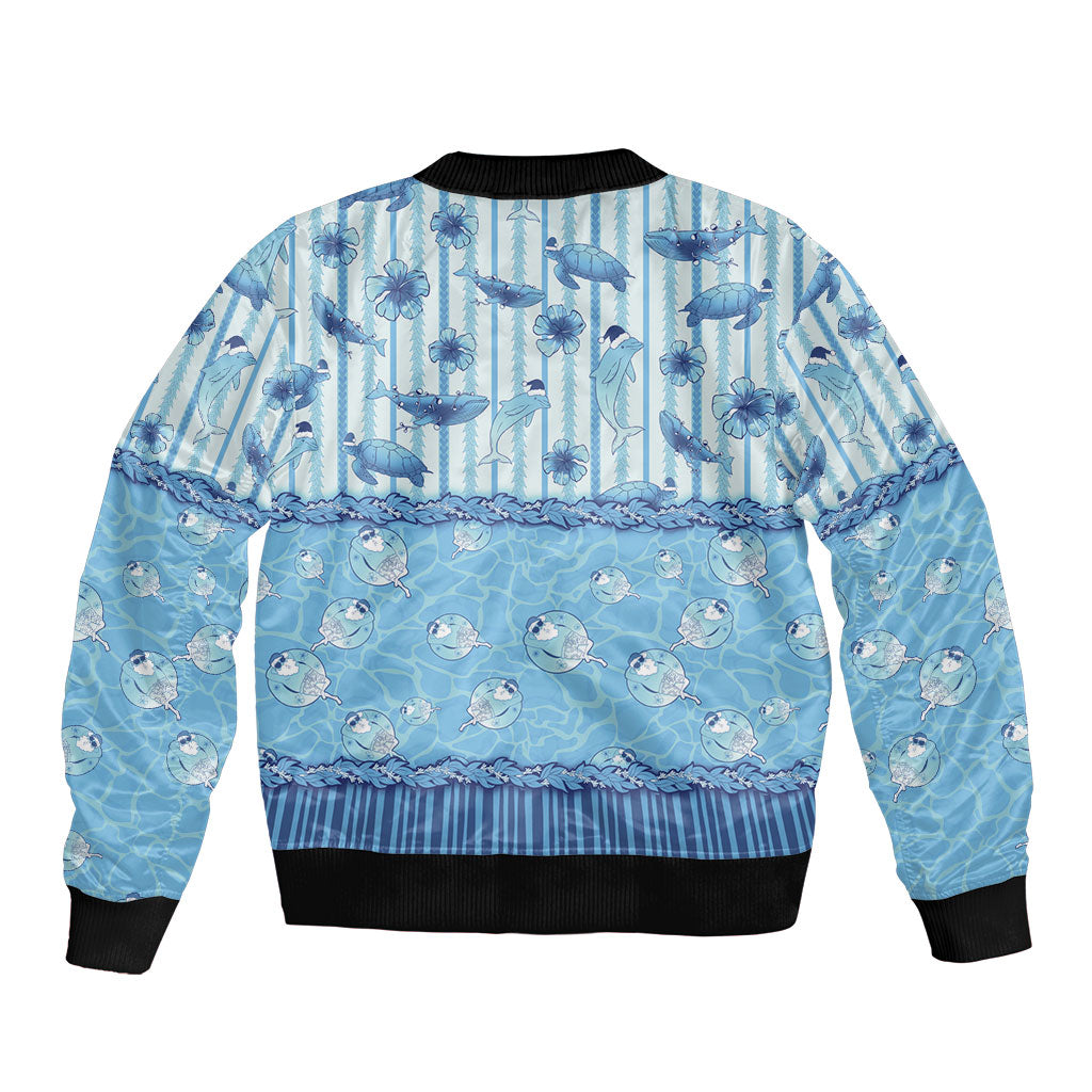 Hawaii Christmas In July Sleeve Zip Bomber Jacket Sky Blue Mele Kalikimaka Sea Animals