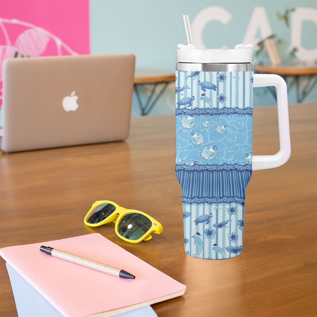 Hawaii Christmas In July Tumbler With Handle Sky Blue Mele Kalikimaka Sea Animals