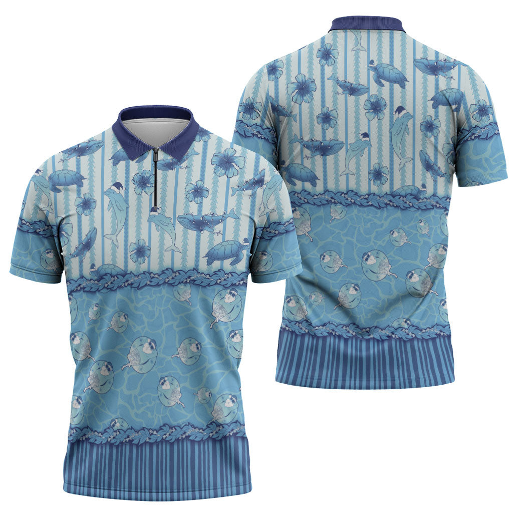 Hawaii Christmas In July Zipper Polo Shirt Sky Blue Mele Kalikimaka Sea Animals