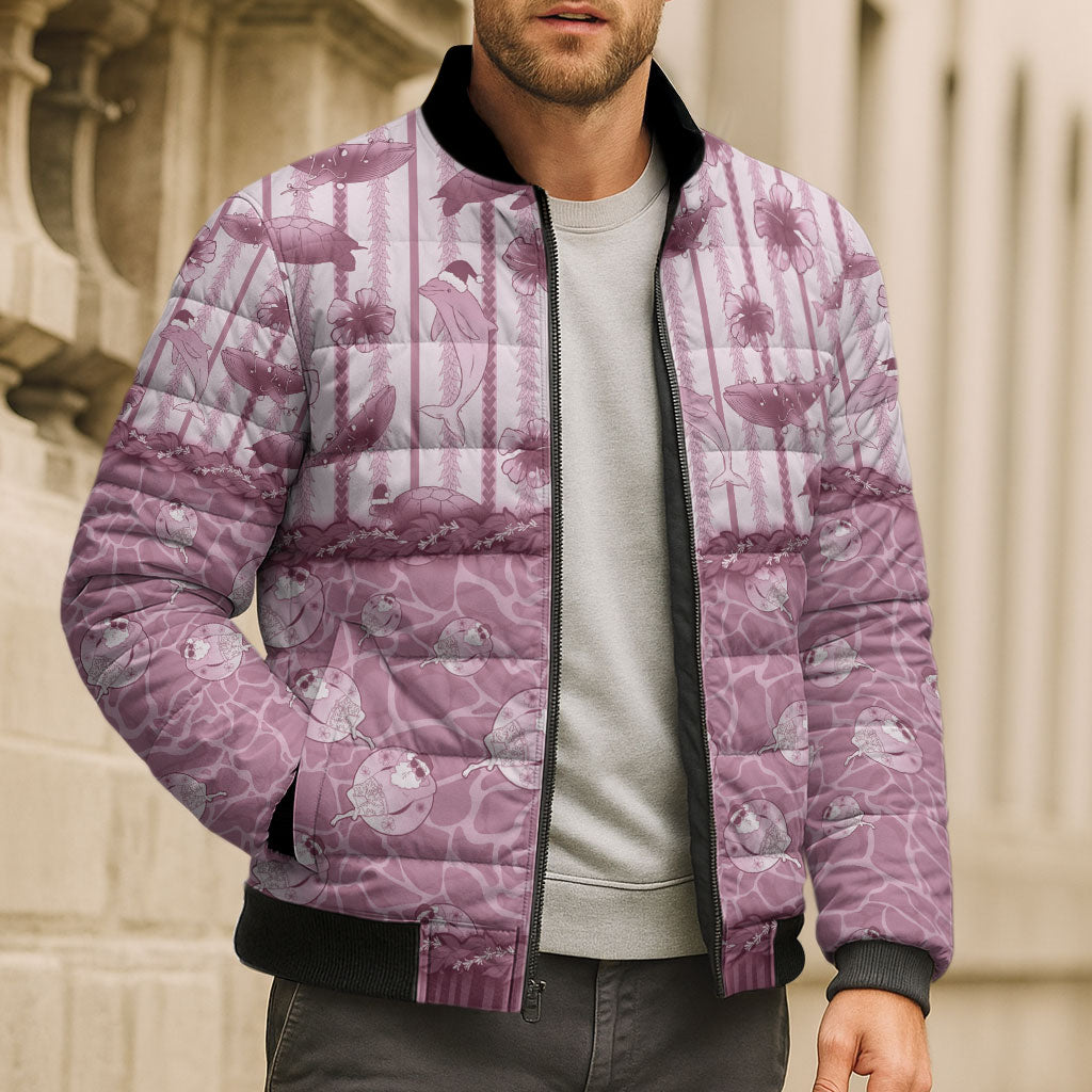 Hawaii Christmas In July Bomber Puffer Jacket Dusty Pink Mele Kalikimaka Sea Animals
