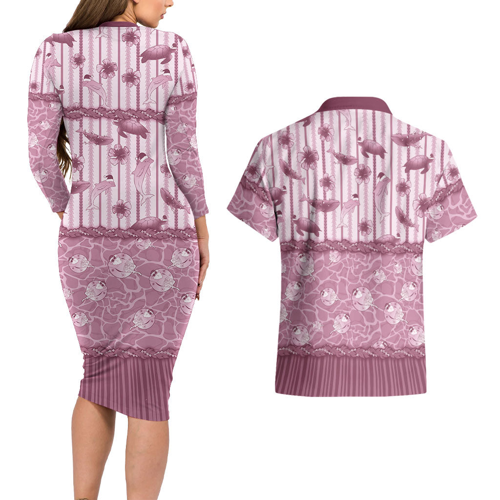 Hawaii Christmas In July Couples Matching Long Sleeve Bodycon Dress and Hawaiian Shirt Dusty Pink Mele Kalikimaka Sea Animals