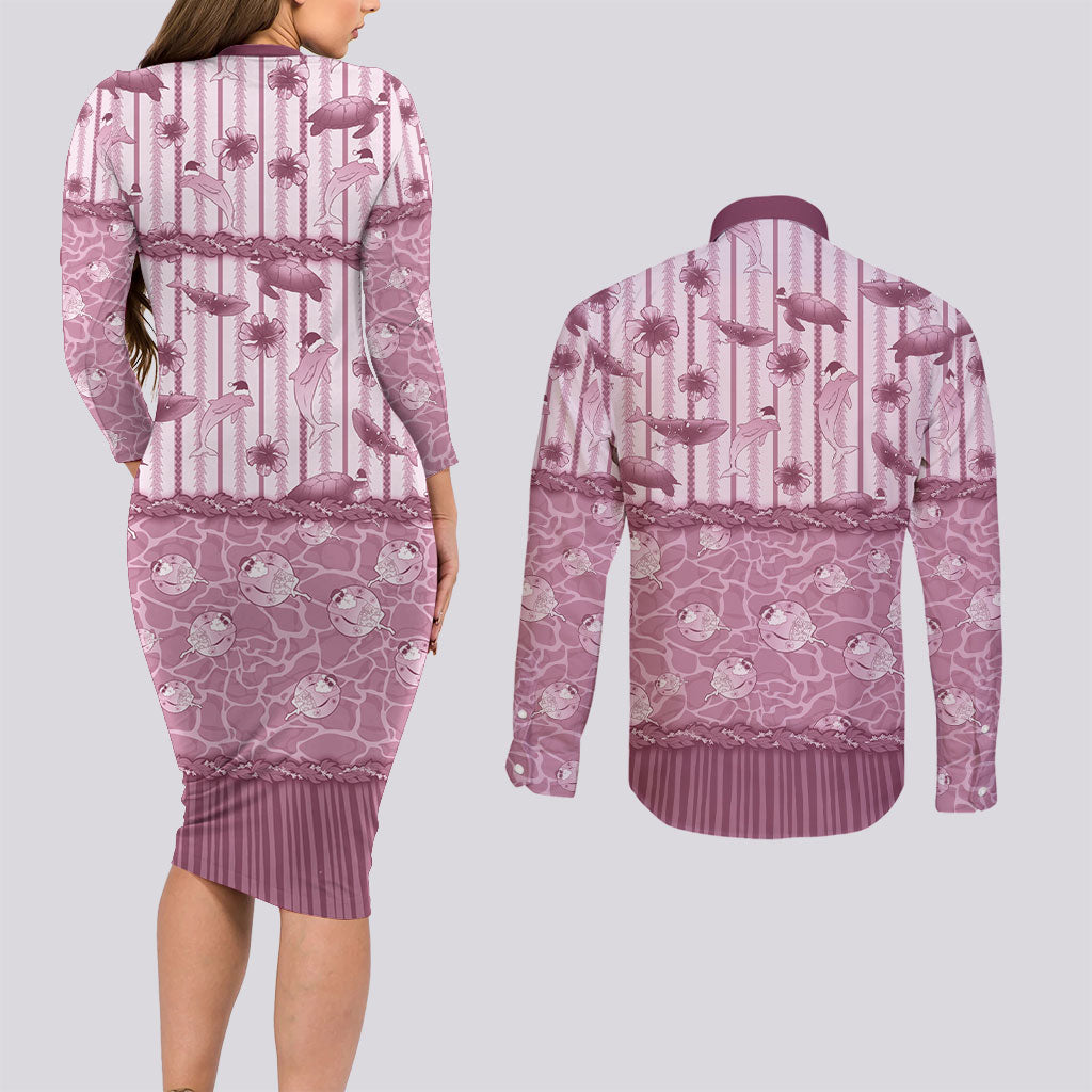 Hawaii Christmas In July Couples Matching Long Sleeve Bodycon Dress and Long Sleeve Button Shirt Dusty Pink Mele Kalikimaka Sea Animals