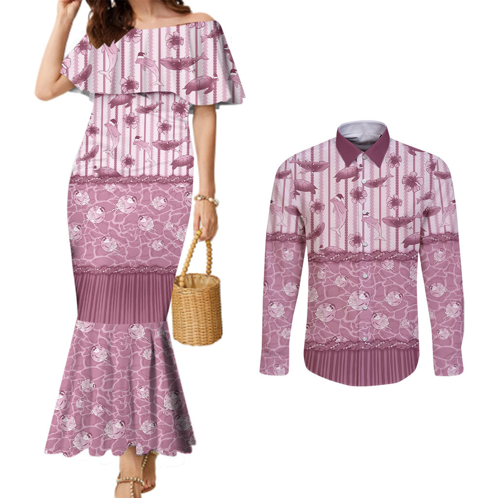 Hawaii Christmas In July Couples Matching Mermaid Dress and Long Sleeve Button Shirt Dusty Pink Mele Kalikimaka Sea Animals