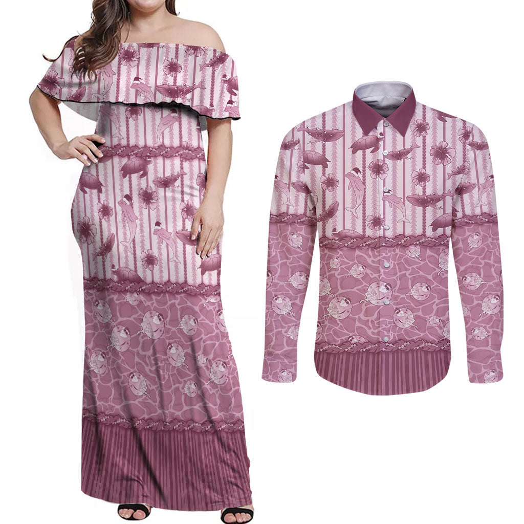 Hawaii Christmas In July Couples Matching Off Shoulder Maxi Dress and Long Sleeve Button Shirt Dusty Pink Mele Kalikimaka Sea Animals
