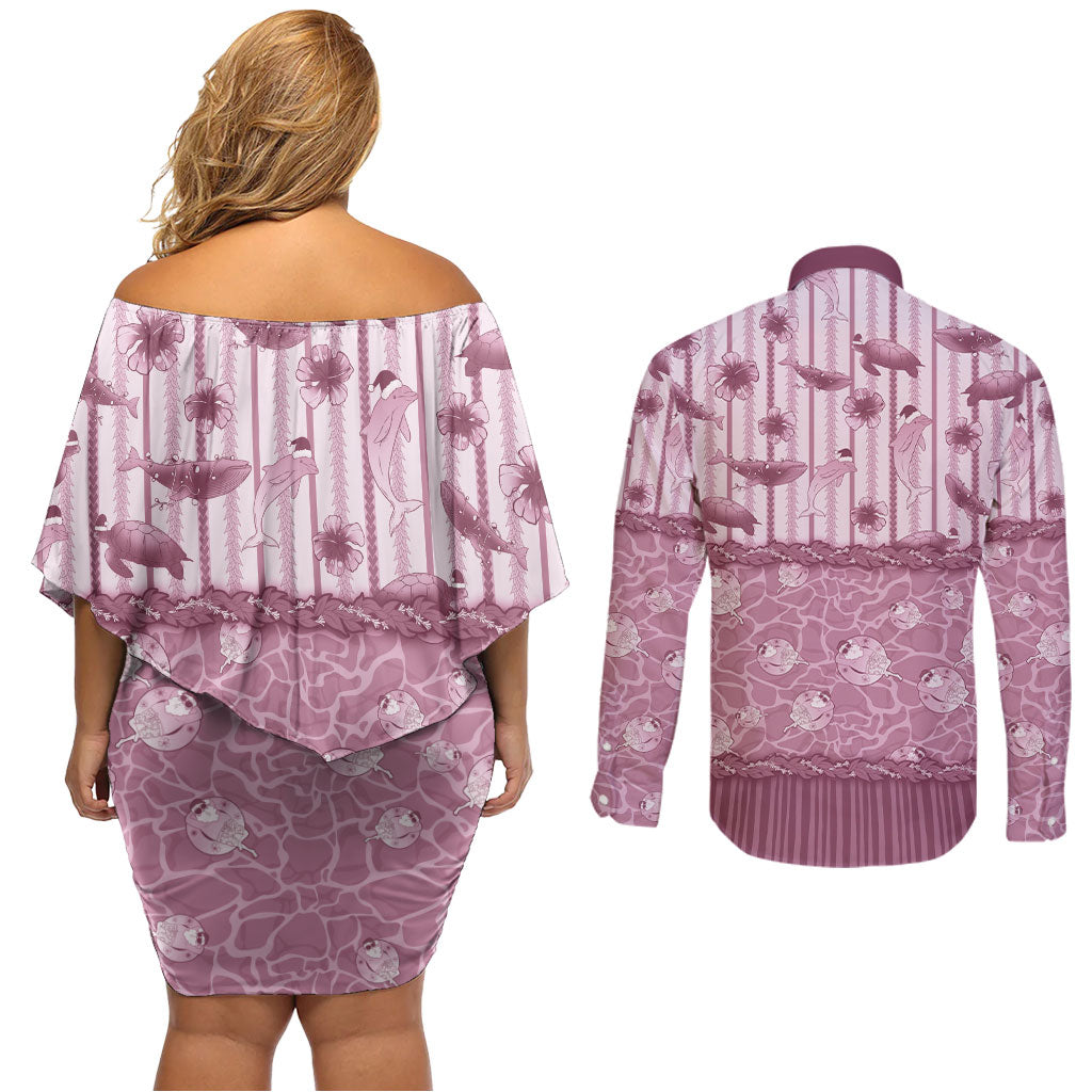 Hawaii Christmas In July Couples Matching Off Shoulder Short Dress and Long Sleeve Button Shirt Dusty Pink Mele Kalikimaka Sea Animals