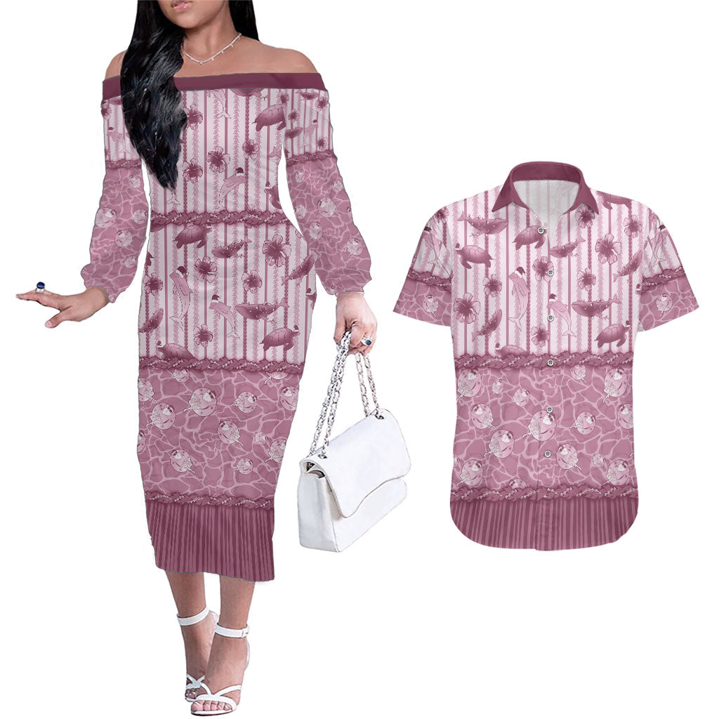 Hawaii Christmas In July Couples Matching Off The Shoulder Long Sleeve Dress and Hawaiian Shirt Dusty Pink Mele Kalikimaka Sea Animals DT05 Pink - Polynesian Pride