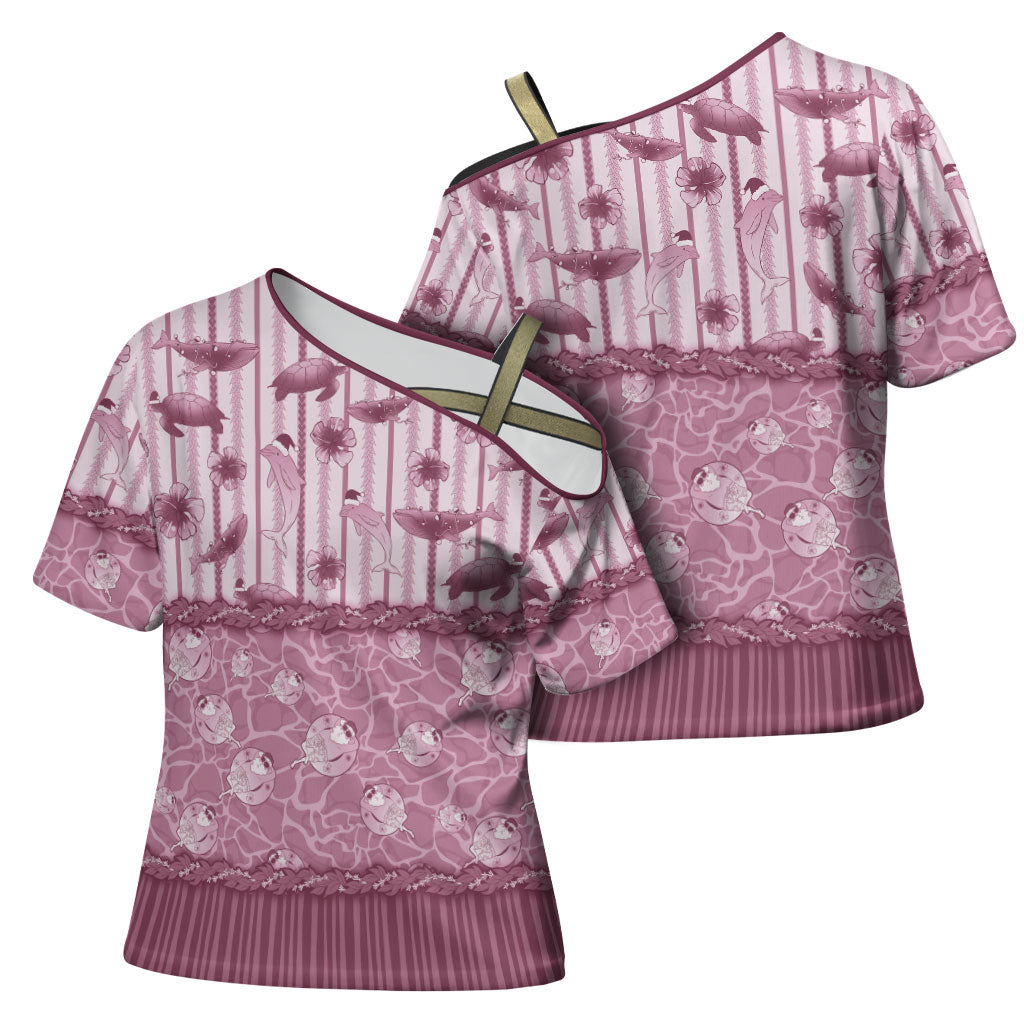 Hawaii Christmas In July Cross Shoulder Shirt Dusty Pink Mele Kalikimaka Sea Animals