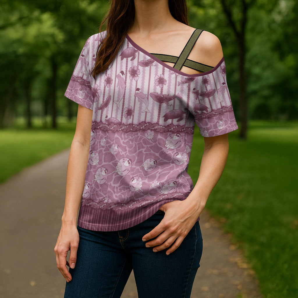 Hawaii Christmas In July Cross Shoulder Shirt Dusty Pink Mele Kalikimaka Sea Animals