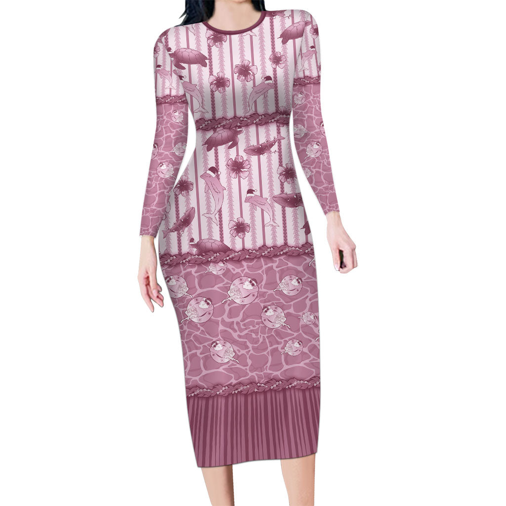 Hawaii Christmas In July Family Matching Long Sleeve Bodycon Dress and Hawaiian Shirt Dusty Pink Mele Kalikimaka Sea Animals