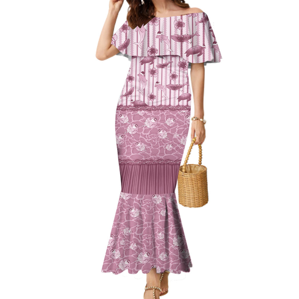 Hawaii Christmas In July Family Matching Mermaid Dress and Hawaiian Shirt Dusty Pink Mele Kalikimaka Sea Animals