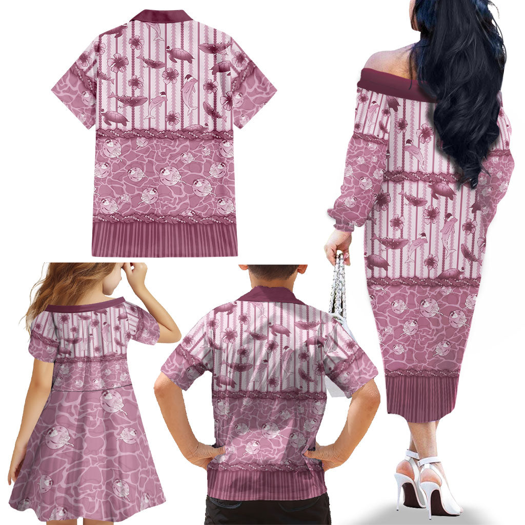 Hawaii Christmas In July Family Matching Off The Shoulder Long Sleeve Dress and Hawaiian Shirt Dusty Pink Mele Kalikimaka Sea Animals