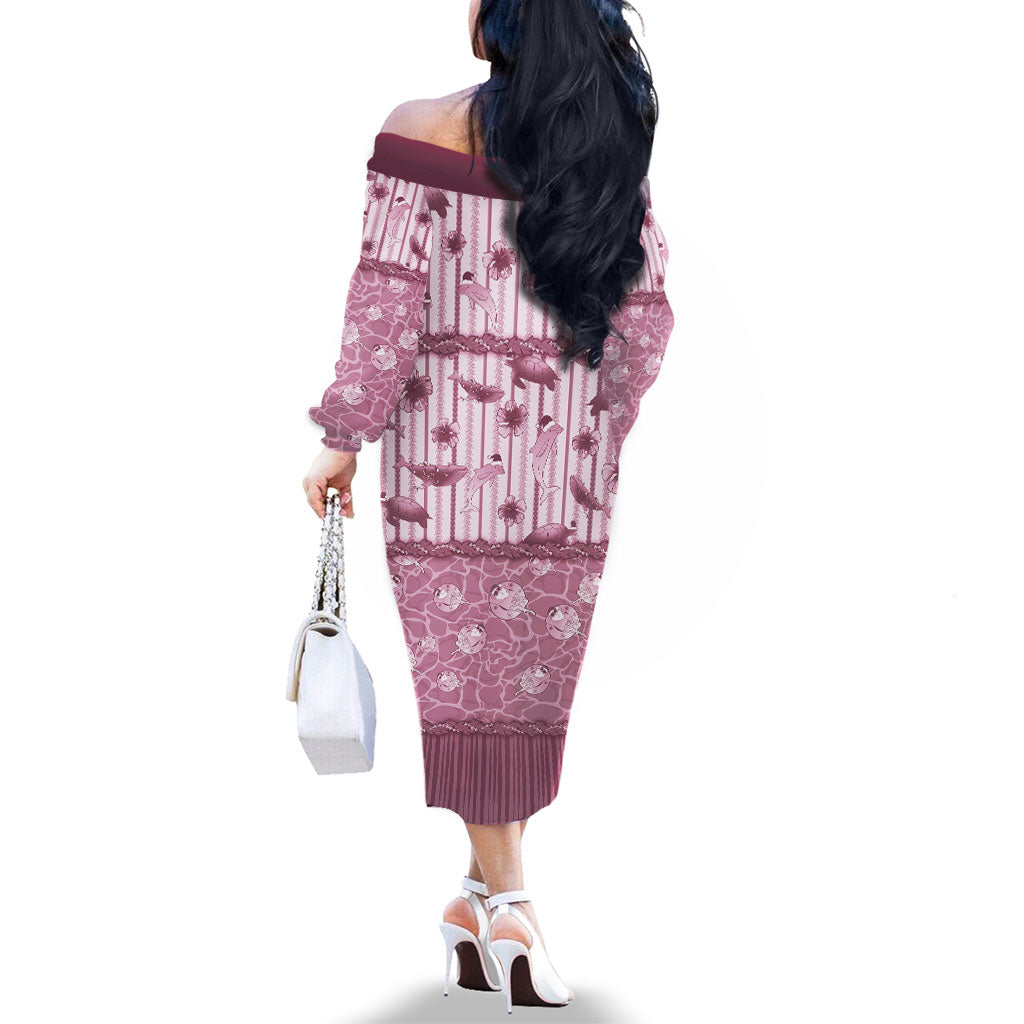 Hawaii Christmas In July Family Matching Off The Shoulder Long Sleeve Dress and Hawaiian Shirt Dusty Pink Mele Kalikimaka Sea Animals