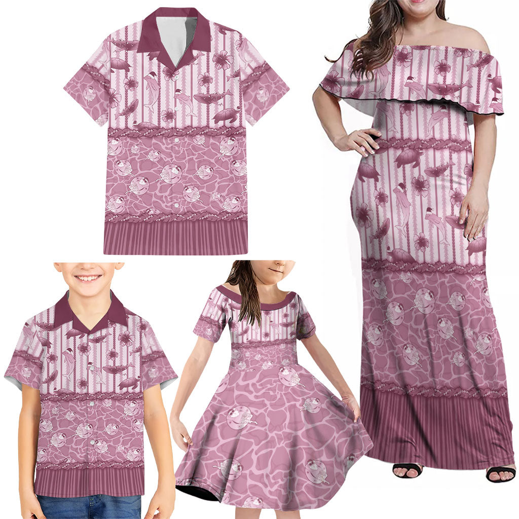 Hawaii Christmas In July Family Matching Off Shoulder Maxi Dress and Hawaiian Shirt Dusty Pink Mele Kalikimaka Sea Animals