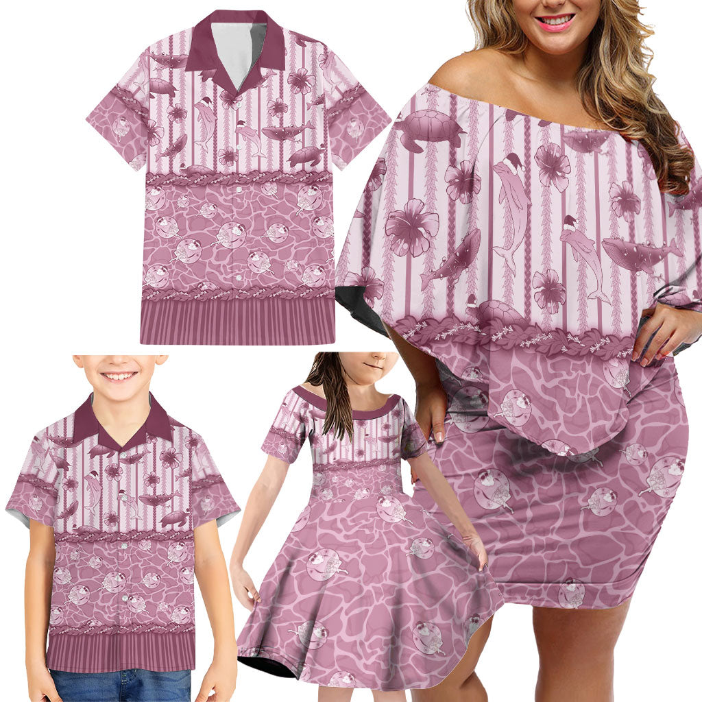 Hawaii Christmas In July Family Matching Off Shoulder Short Dress and Hawaiian Shirt Dusty Pink Mele Kalikimaka Sea Animals