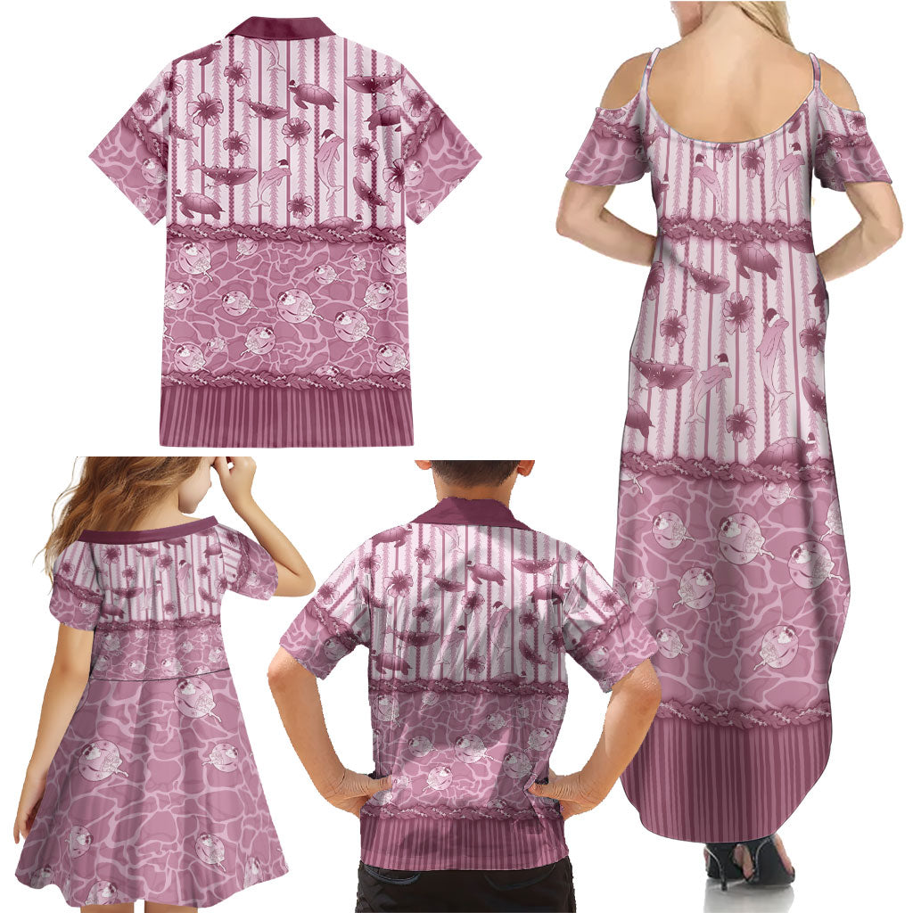 Hawaii Christmas In July Family Matching Summer Maxi Dress and Hawaiian Shirt Dusty Pink Mele Kalikimaka Sea Animals