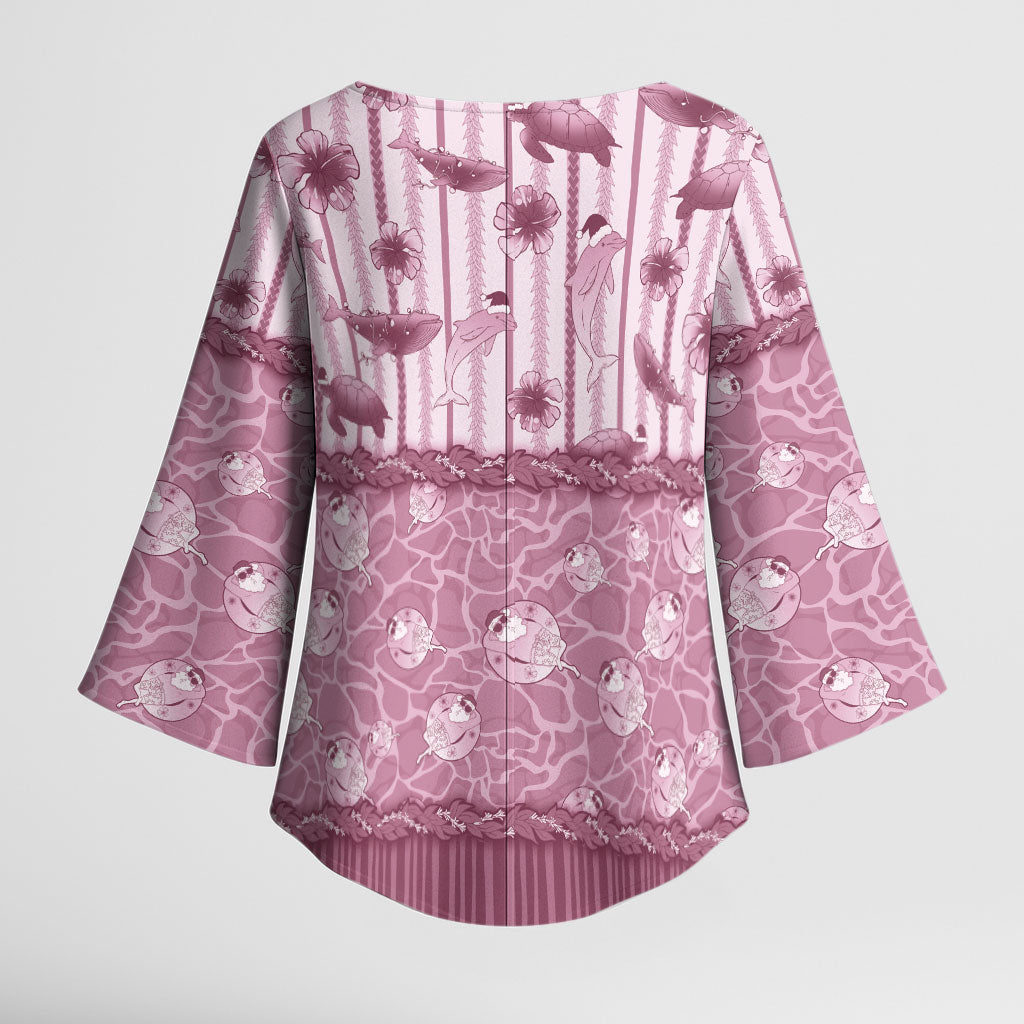 Hawaii Christmas In July Kimono Sleeve Blouse Dusty Pink Mele Kalikimaka Sea Animals