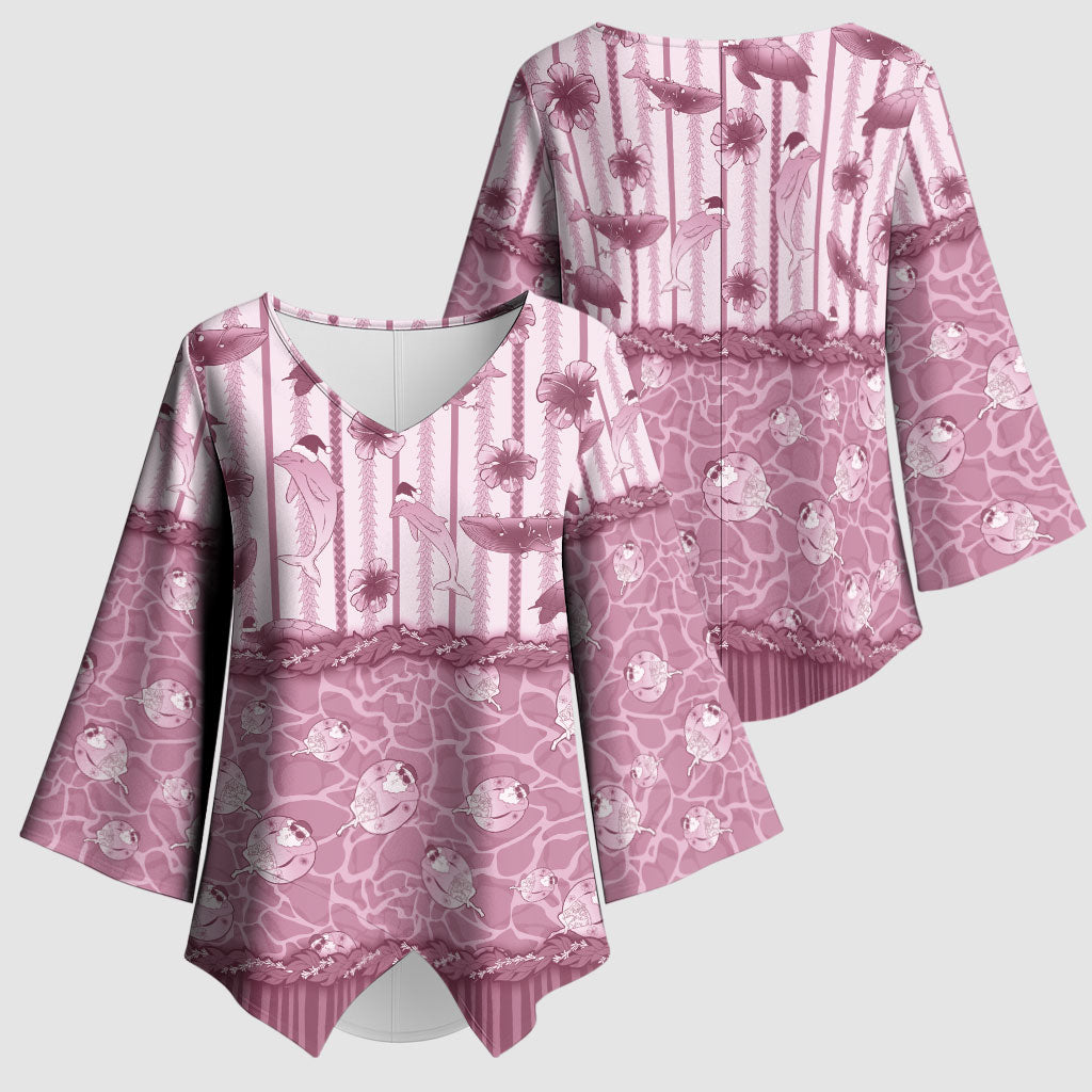 Hawaii Christmas In July Kimono Sleeve Blouse Dusty Pink Mele Kalikimaka Sea Animals