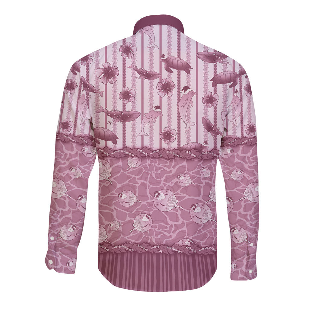 Hawaii Christmas In July Long Sleeve Button Shirt Dusty Pink Mele Kalikimaka Sea Animals
