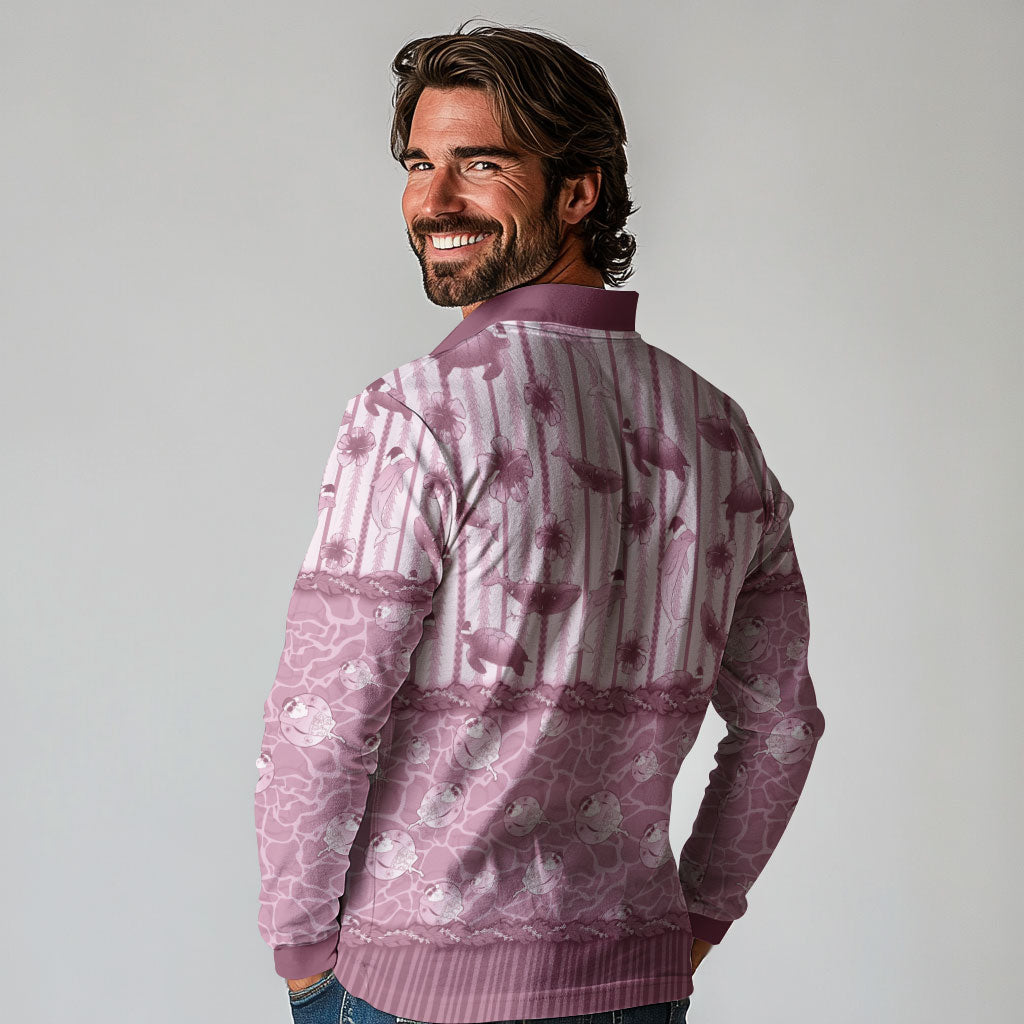 Hawaii Christmas In July Long Sleeve Polo Shirt Dusty Pink Mele Kalikimaka Sea Animals