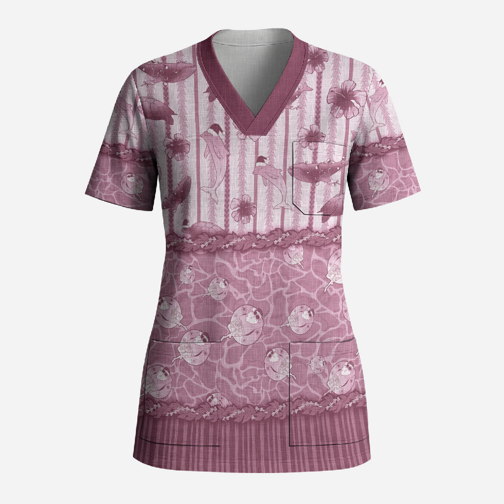Hawaii Christmas In July Scrub Top Dusty Pink Mele Kalikimaka Sea Animals