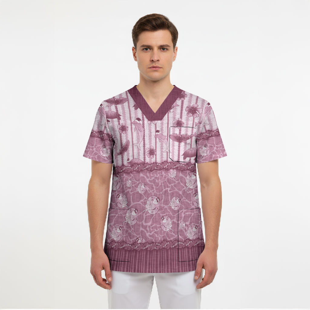 Hawaii Christmas In July Scrub Top Dusty Pink Mele Kalikimaka Sea Animals