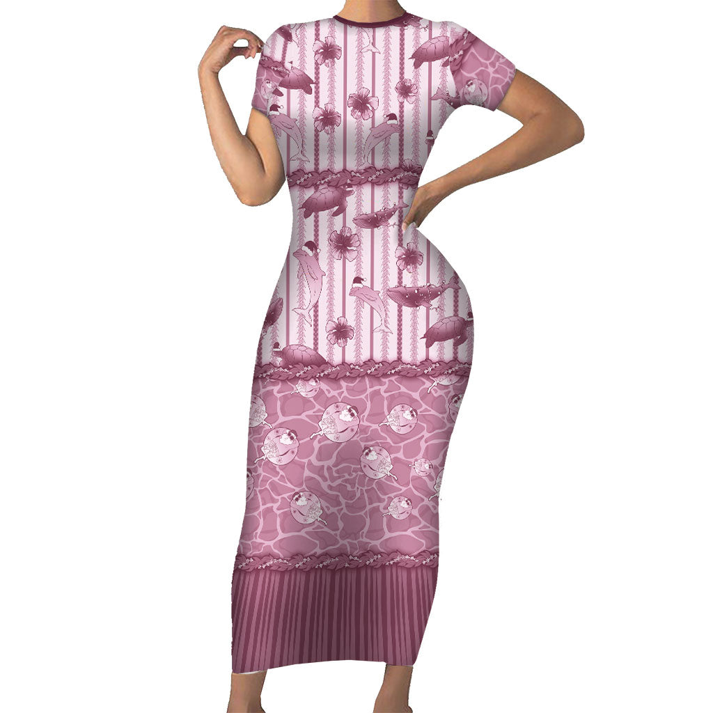 Hawaii Christmas In July Short Sleeve Bodycon Dress Dusty Pink Mele Kalikimaka Sea Animals