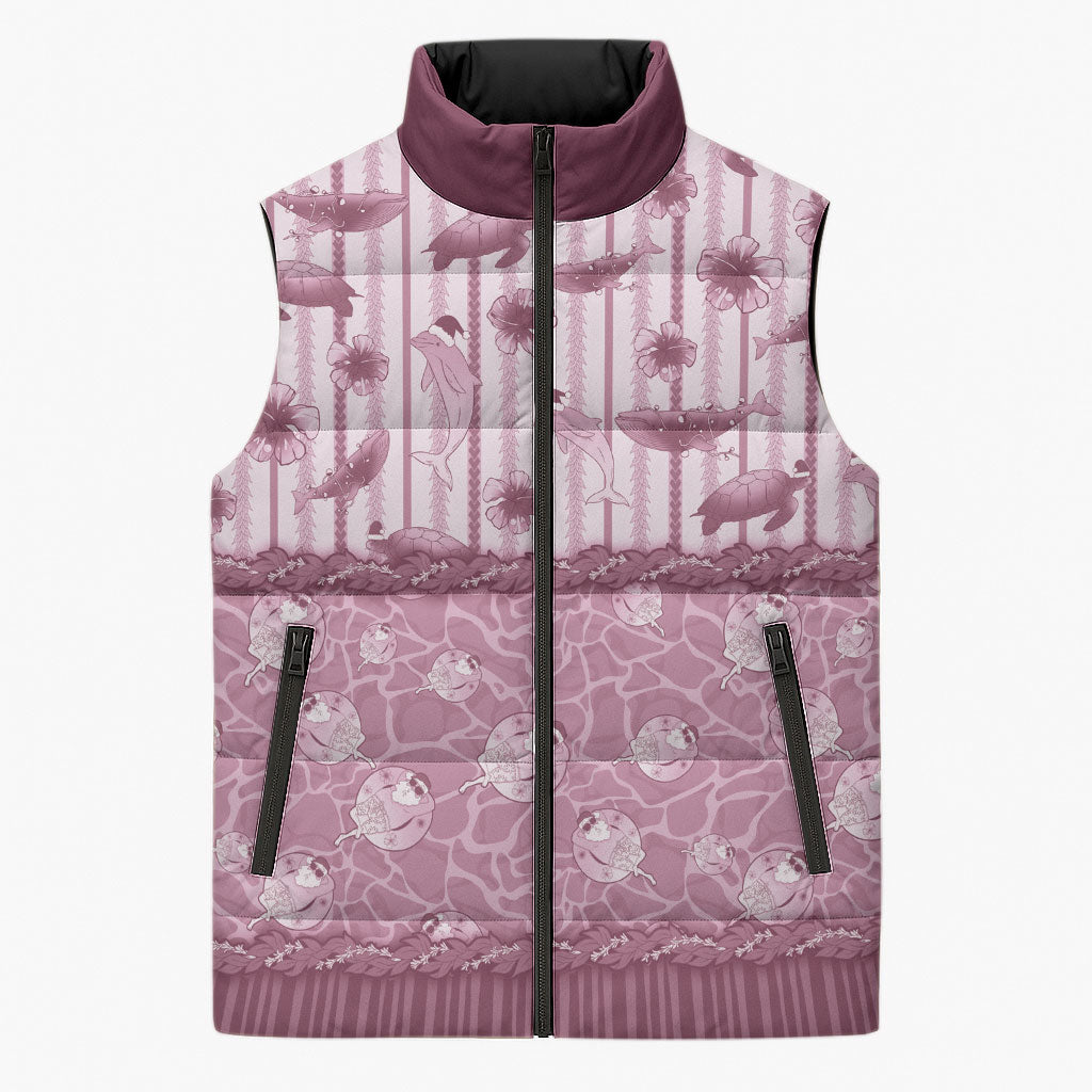 Hawaii Christmas In July Sleeveless Puffer Jacket Dusty Pink Mele Kalikimaka Sea Animals