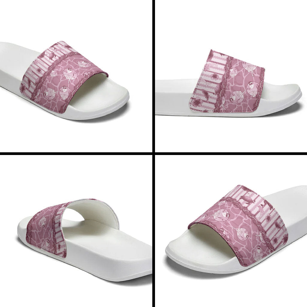Hawaii Christmas In July Slide Sandals Dusty Pink Mele Kalikimaka Sea Animals