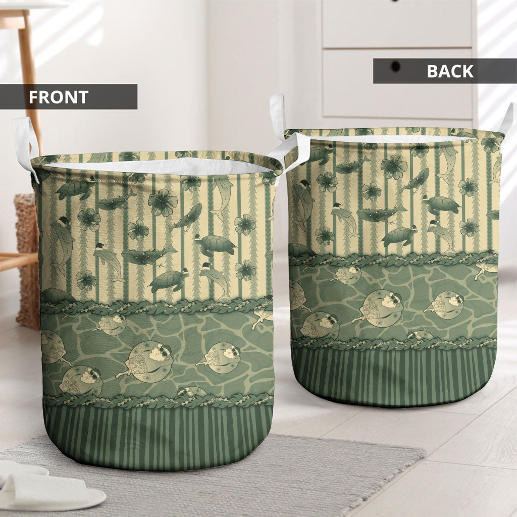 Hawaii Christmas In July Laundry Basket Olive Green Mele Kalikimaka Sea Animals
