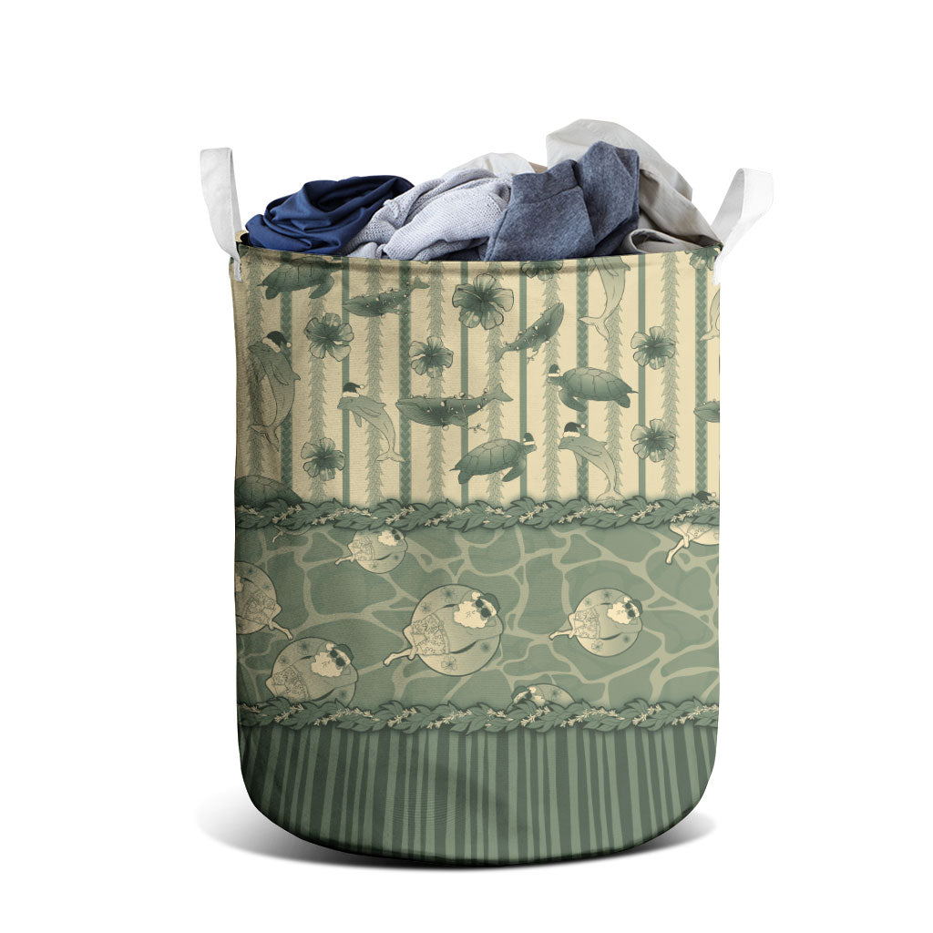 Hawaii Christmas In July Laundry Basket Olive Green Mele Kalikimaka Sea Animals