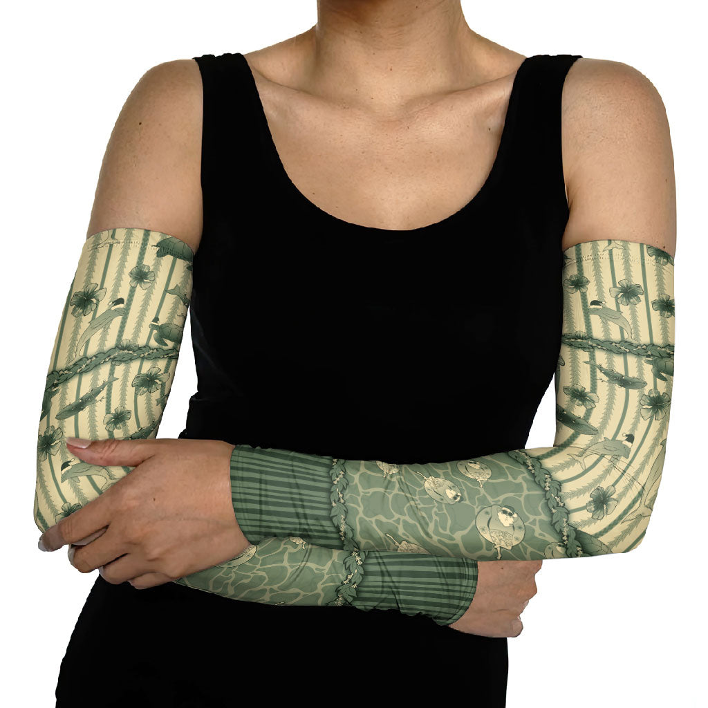 Hawaii Christmas In July Arm Sleeves Olive Green Mele Kalikimaka Sea Animals