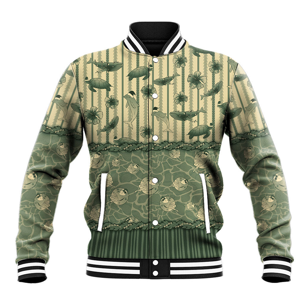 Hawaii Christmas In July Baseball Jacket Olive Green Mele Kalikimaka Sea Animals