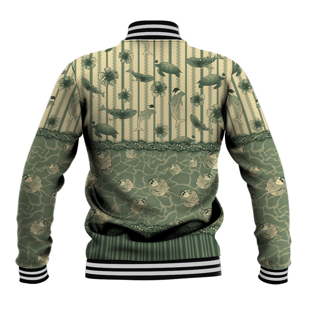 Hawaii Christmas In July Baseball Jacket Olive Green Mele Kalikimaka Sea Animals