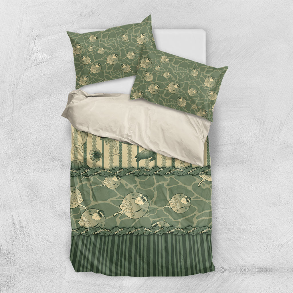 Hawaii Christmas In July Bedding Set Olive Green Mele Kalikimaka Sea Animals