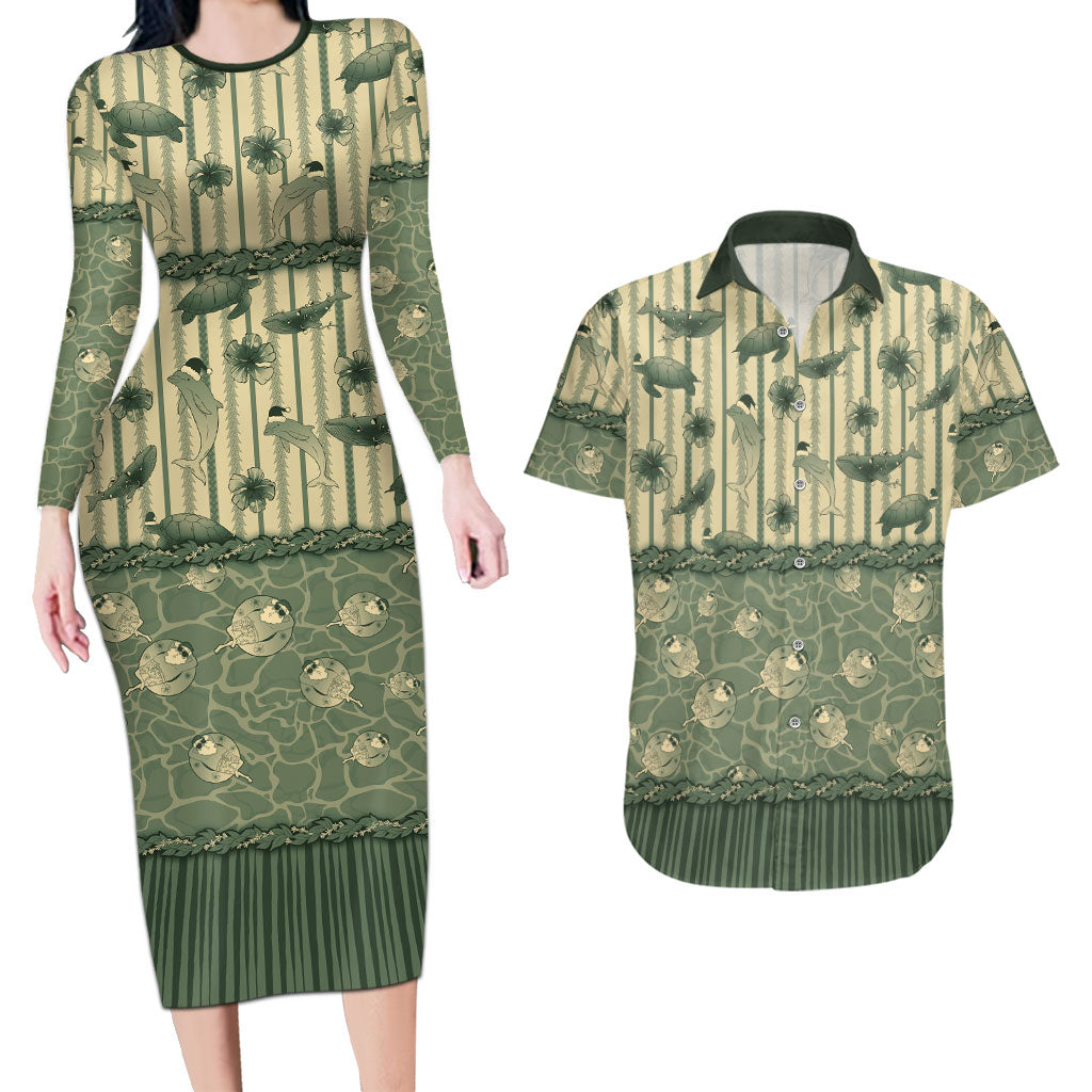 Hawaii Christmas In July Couples Matching Long Sleeve Bodycon Dress and Hawaiian Shirt Olive Green Mele Kalikimaka Sea Animals DT05 Green - Polynesian Pride