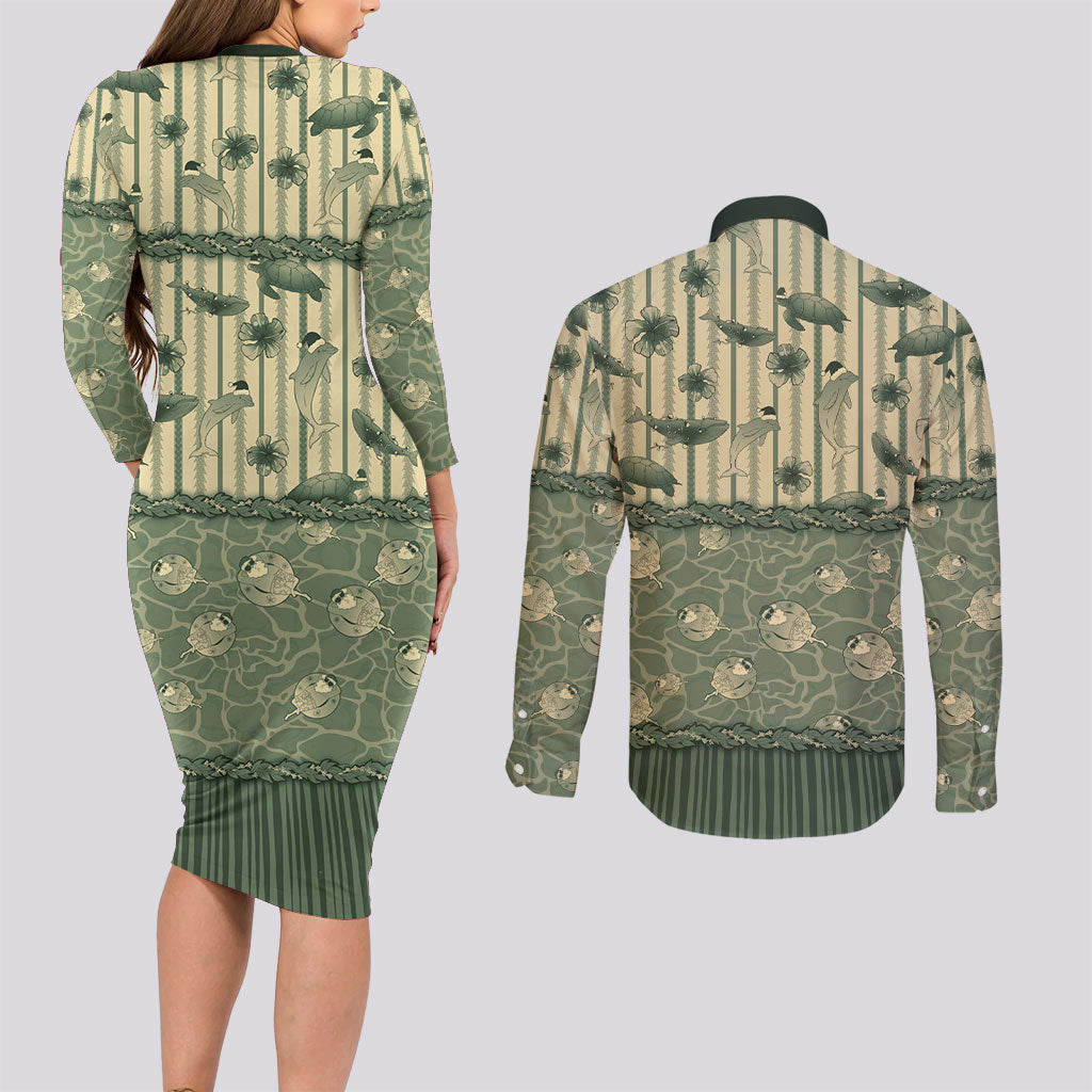 Hawaii Christmas In July Couples Matching Long Sleeve Bodycon Dress and Long Sleeve Button Shirt Olive Green Mele Kalikimaka Sea Animals