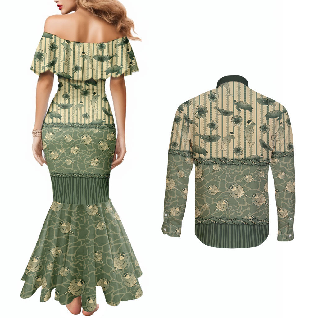 Hawaii Christmas In July Couples Matching Mermaid Dress and Long Sleeve Button Shirt Olive Green Mele Kalikimaka Sea Animals