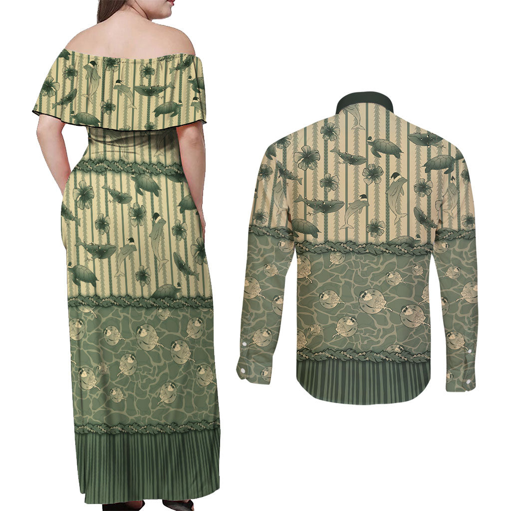 Hawaii Christmas In July Couples Matching Off Shoulder Maxi Dress and Long Sleeve Button Shirt Olive Green Mele Kalikimaka Sea Animals