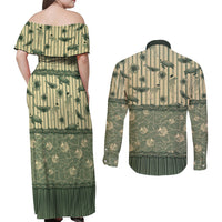 Hawaii Christmas In July Couples Matching Off Shoulder Maxi Dress and Long Sleeve Button Shirt Olive Green Mele Kalikimaka Sea Animals