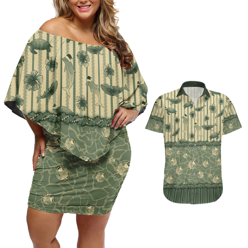 Hawaii Christmas In July Couples Matching Off Shoulder Short Dress and Hawaiian Shirt Olive Green Mele Kalikimaka Sea Animals