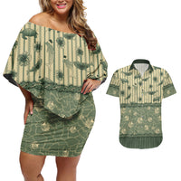 Hawaii Christmas In July Couples Matching Off Shoulder Short Dress and Hawaiian Shirt Olive Green Mele Kalikimaka Sea Animals