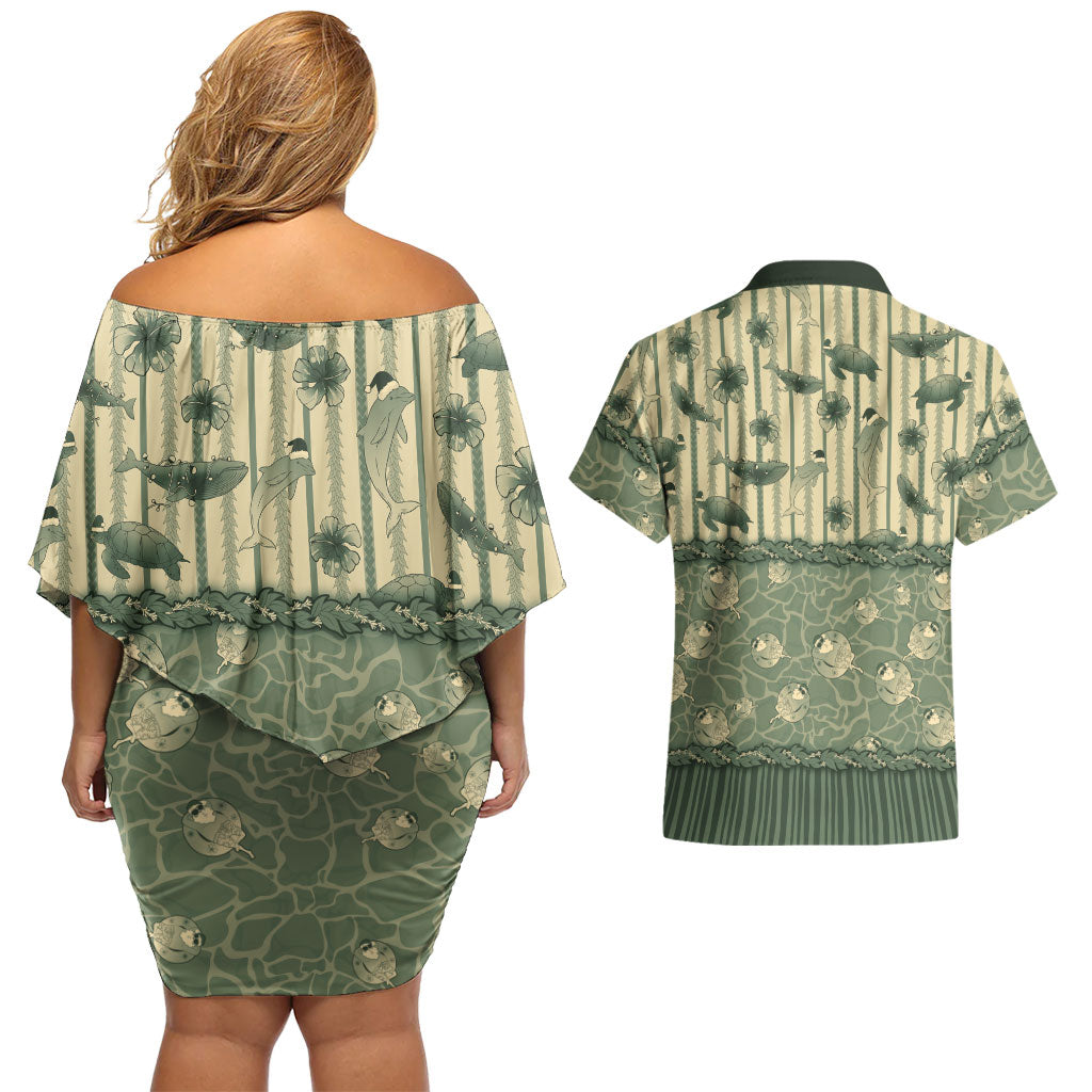 Hawaii Christmas In July Couples Matching Off Shoulder Short Dress and Hawaiian Shirt Olive Green Mele Kalikimaka Sea Animals