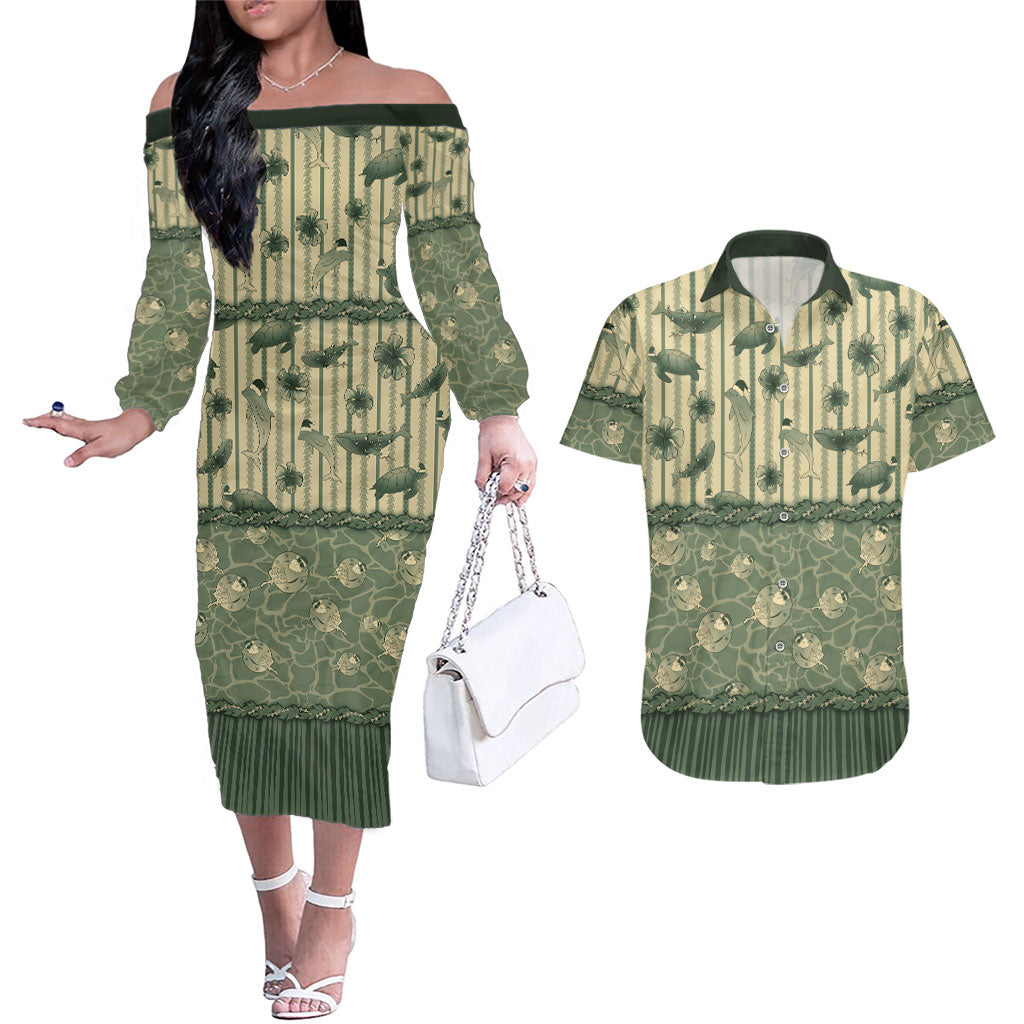 Hawaii Christmas In July Couples Matching Off The Shoulder Long Sleeve Dress and Hawaiian Shirt Olive Green Mele Kalikimaka Sea Animals