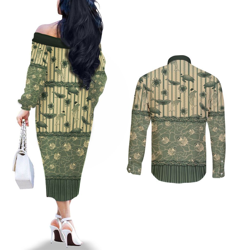Hawaii Christmas In July Couples Matching Off The Shoulder Long Sleeve Dress and Long Sleeve Button Shirt Olive Green Mele Kalikimaka Sea Animals